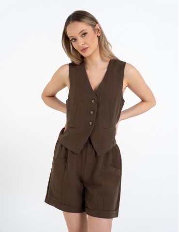 Szorty materiałowe - Spodenki damskie casual szorty z wysokim stanem i kieszeniami CIEMNY BRĄZ - produkt 13