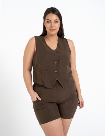 Szorty materiałowe - Spodenki damskie casual szorty z wysokim stanem i kieszeniami CIEMNY BRĄZ - produkt 15