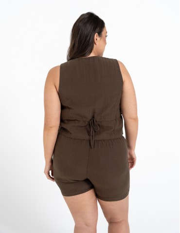 Szorty materiałowe - Spodenki damskie casual szorty z wysokim stanem i kieszeniami CIEMNY BRĄZ - produkt 16