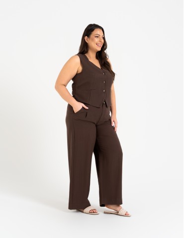 Spodnie materiałowe - Spodnie damskie z szeroką nogawką typu wide leg z lyocellu CIEMNY BRĄZ - produkt 12
