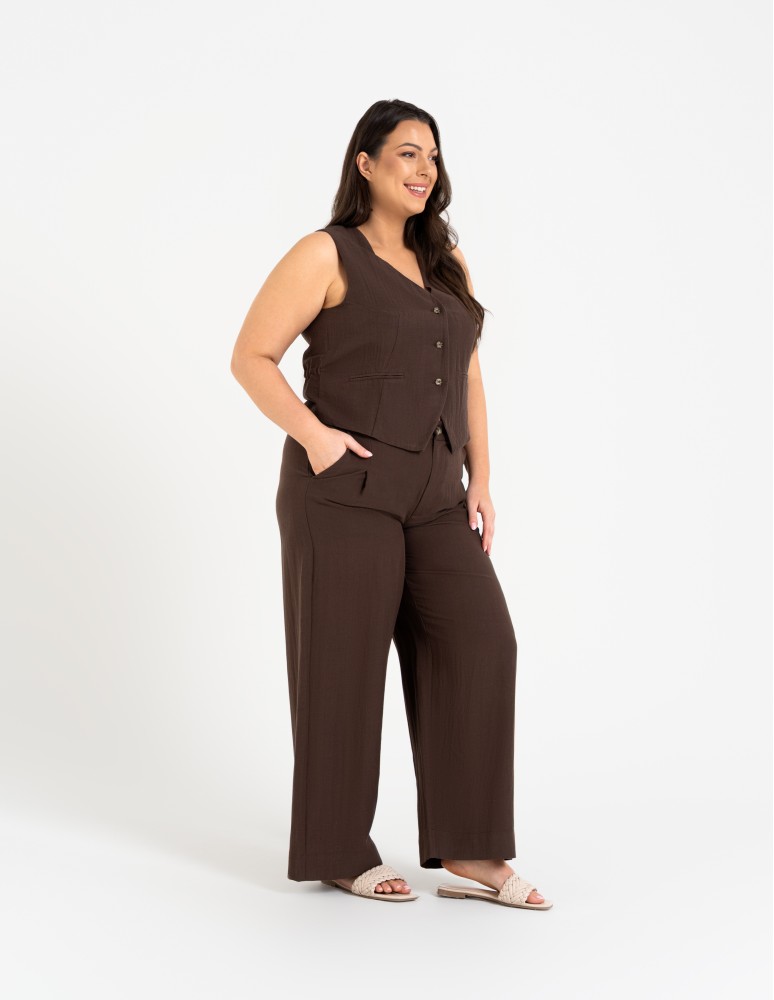 Spodnie materiałowe - Spodnie damskie z szeroką nogawką typu wide leg z lyocellu CIEMNY BRĄZ  - produkt moraj.pl 12