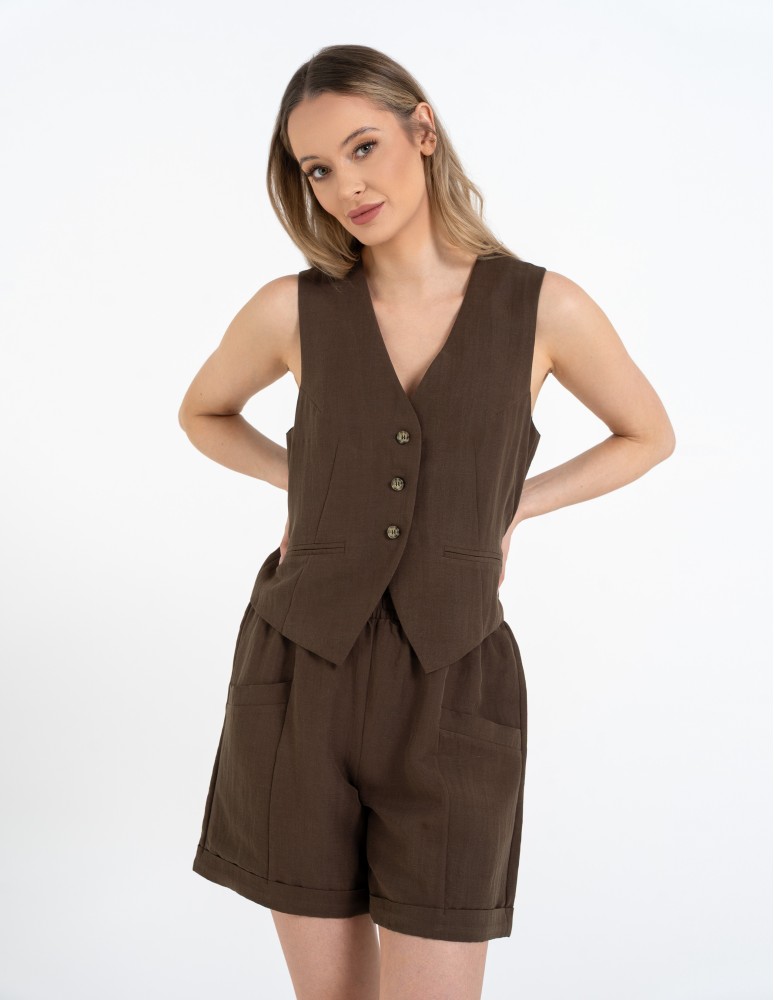 Kamizelki damskie - Kamizelka damska casual krótka garniturowa z regulacją z tyłu BRĄZOWY  - produkt moraj.pl 14