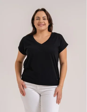 Bluzka damska z domieszką modalu i dekoltem V Plus Size - CZARNY