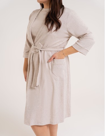 Szlafroki cienkie - Krótki szlafrok damski Plus Size z prążkowanej dzianiny BEŻOWY MELANŻ - produkt 3