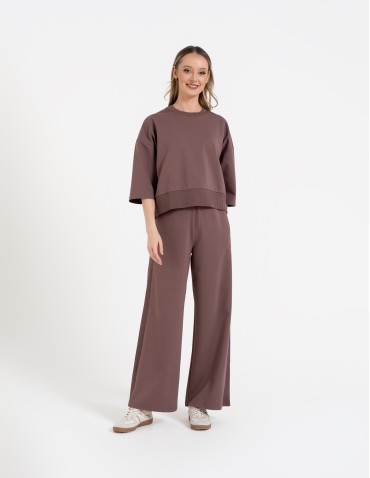 Bluza dresowa damska o luźnym kroju bez kaptura - MOKKA