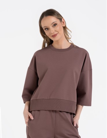 Bluza dresowa damska o luźnym kroju bez kaptura - MOKKA  - produkt 2