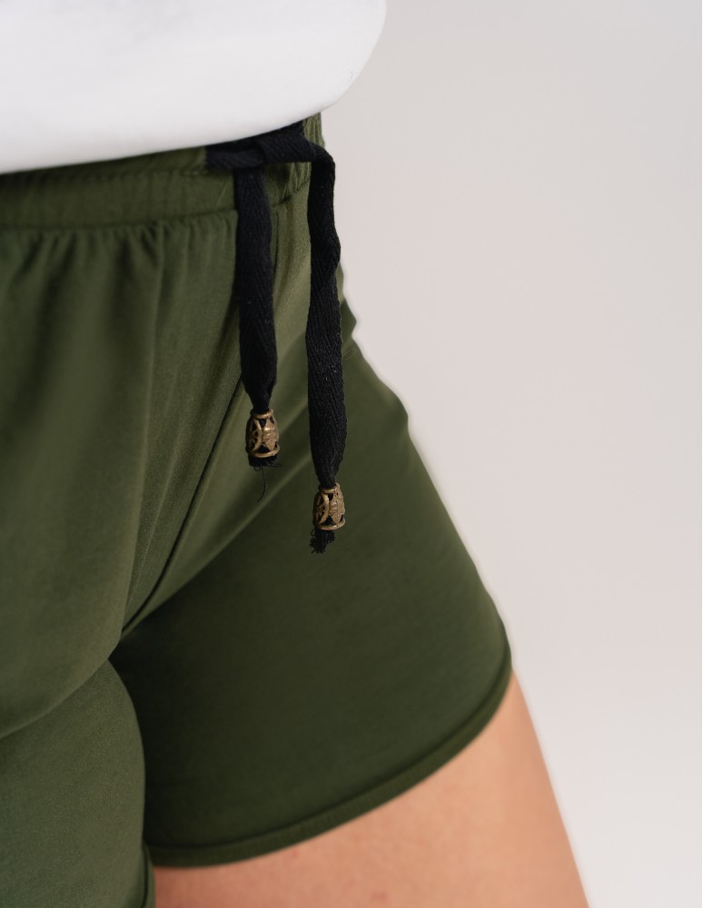 Szorty damskie letnie - Damskie szorty na gumce z wiązaniem KHAKI  - produkt moraj.pl 5
