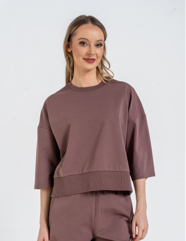 Bluza dresowa damska o luźnym kroju bez kaptura - MOKKA