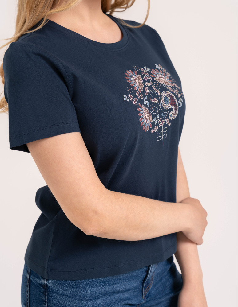 Koszulki z krótkim rękawem - Bawełniany t-shirt damski z krótkim rękawem w stylu boho GRANATOWY - produkt moraj.pl 5