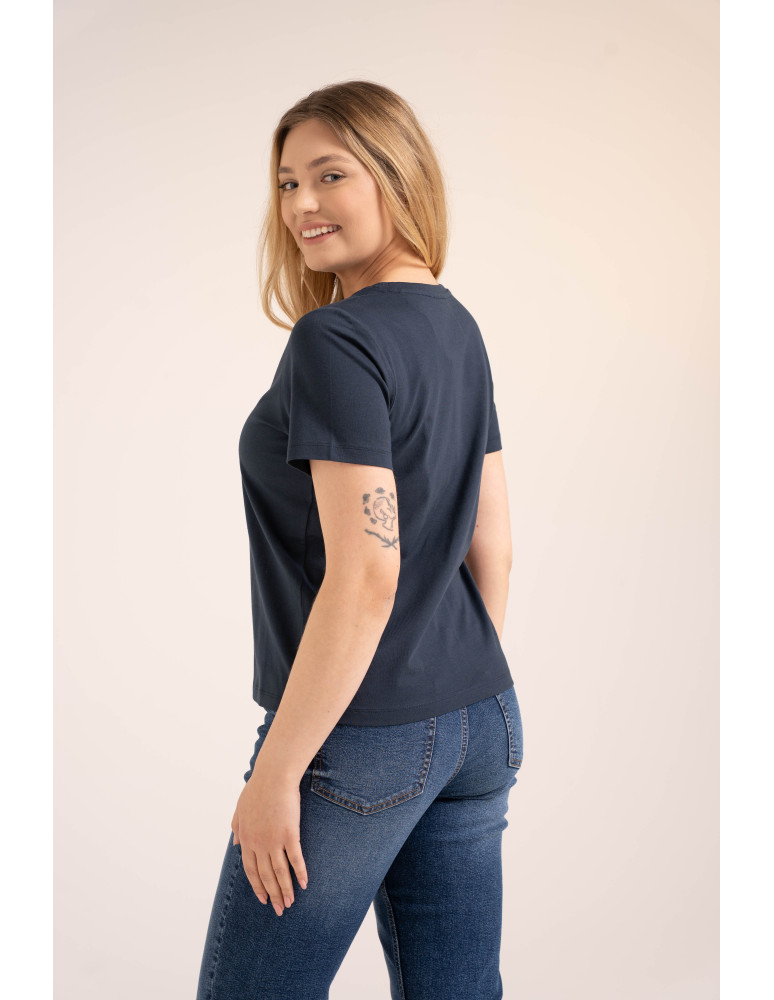 Koszulki z krótkim rękawem - Bawełniany t-shirt damski z krótkim rękawem w stylu boho GRANATOWY - produkt moraj.pl 6