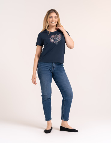 Koszulki z krótkim rękawem - Bawełniany t-shirt damski z krótkim rękawem w stylu boho GRANATOWY - produkt 4