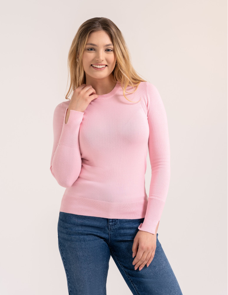 Sweter damski miękki w dotyku z wiskozy klasyczny bez wzoru RÓŻOWY