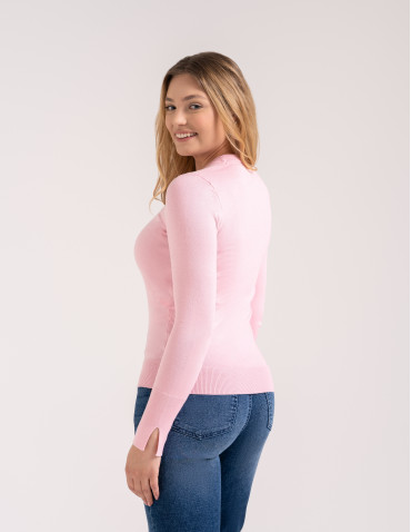 Swetry - Sweter damski miękki w dotyku z wiskozy klasyczny bez wzoru RÓŻOWY - produkt 3