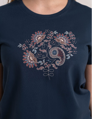Koszulki z krótkim rękawem - Bawełniany t-shirt damski z krótkim rękawem w stylu boho GRANATOWY - produkt 10