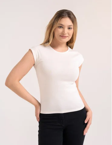 Bluzka damska prążkowana z krótkim rękawem cap sleeve - BIAŁY