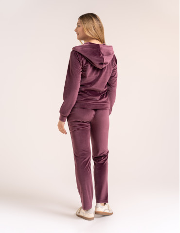 Bluzy dresowe - Bluza damska welurowa rozpinana z kapturem i kieszeniami BORDOWY - produkt 24