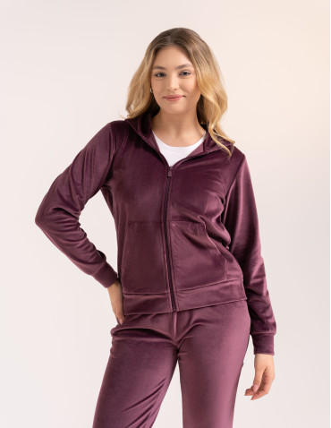 Bluzy dresowe - Bluza damska welurowa rozpinana z kapturem i kieszeniami BORDOWY - produkt 22