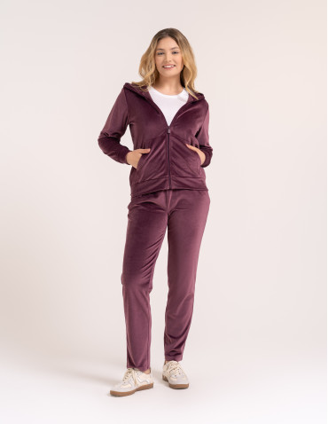 Bluzy dresowe - Bluza damska welurowa rozpinana z kapturem i kieszeniami BORDOWY - produkt 26