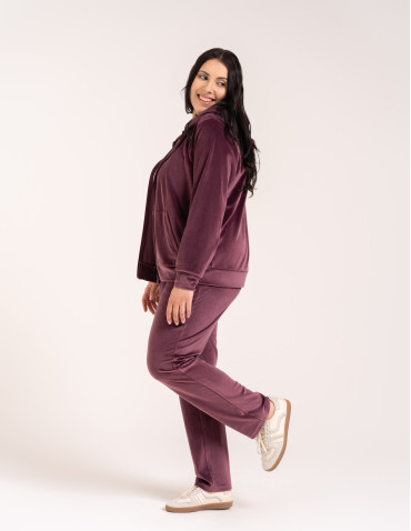 Bluzy dresowe - Bluza damska welurowa rozpinana z kapturem i kieszeniami BORDOWY - produkt 30