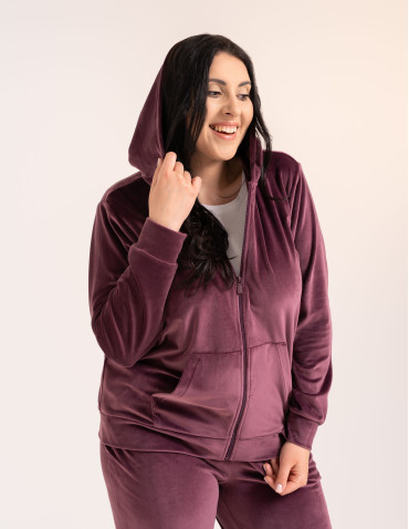 Bluzy dresowe - Bluza damska welurowa rozpinana z kapturem i kieszeniami BORDOWY - produkt 28