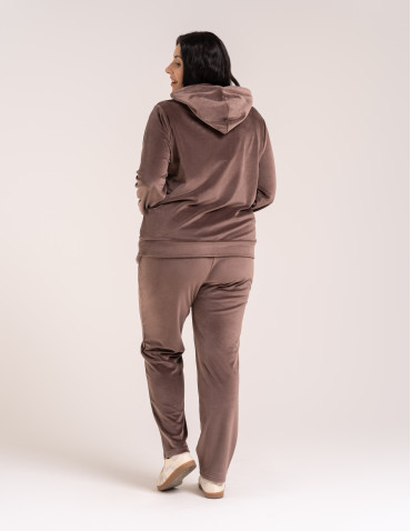 Bluzy dresowe - Bluza damska welurowa rozpinana z kapturem i kieszeniami BRĄZOWY - produkt 16