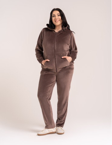Bluzy dresowe - Bluza damska welurowa rozpinana z kapturem i kieszeniami BRĄZOWY - produkt 15