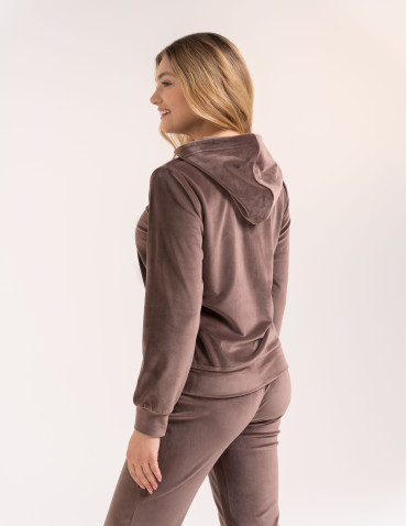 Bluzy dresowe - Bluza damska welurowa rozpinana z kapturem i kieszeniami BRĄZOWY - produkt 7