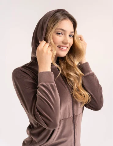 Bluza damska welurowa rozpinana z kapturem i kieszeniami - BRĄZOWY - produkt 2