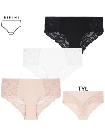 Majtki damskie bikini laserowo cięte z efektownym koronkowym tyłem 3-pak