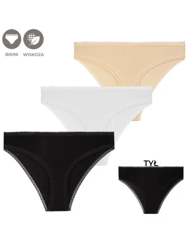 Majtki damskie figi bikini wiskozowe wykończone koronkową lamówką 3-pak