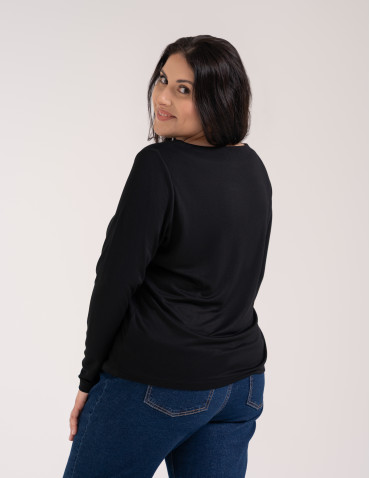 Bluzki z długim rękawem - Bluzka damska z wiskozy długi rękaw miękka w dotyku longsleeve CZARNY - produkt 8
