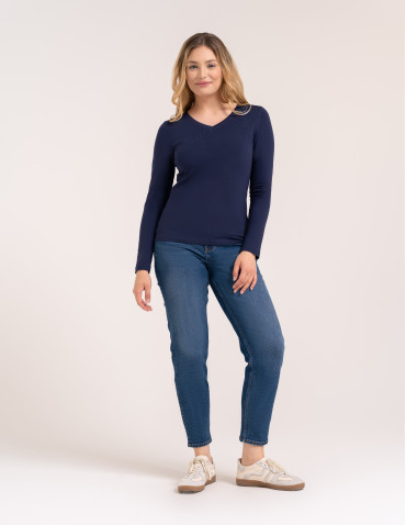 Bluzki z długim rękawem - Klasyczny longsleeve damski bawełniany Slim Fit NIEBIESKI - produkt 1