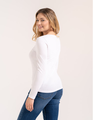 Bluzki z długim rękawem - Klasyczny longsleeve damski bawełniany Slim Fit BIAŁY - produkt 5