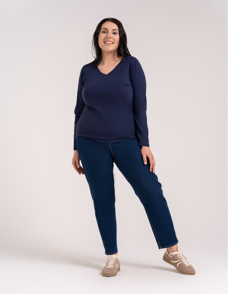 Bluzki z długim rękawem - Klasyczny longsleeve damski bawełniany Slim Fit NIEBIESKI  - produkt moraj.pl 4