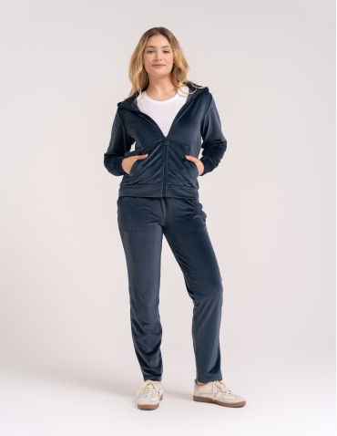 Bluzy dresowe - Bluza damska welurowa rozpinana z kapturem i kieszeniami SZARY - produkt 7