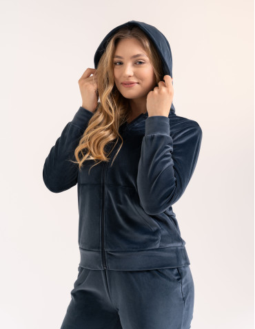 Bluzy dresowe - Bluza damska welurowa rozpinana z kapturem i kieszeniami SZARY - produkt 3