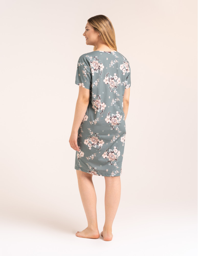 Koszule nocne z krótkim rękawem - Wygodna koszula nocna damska bawełniana w kwiaty elegancka na prezent ZIELONY  - produkt moraj.pl 4