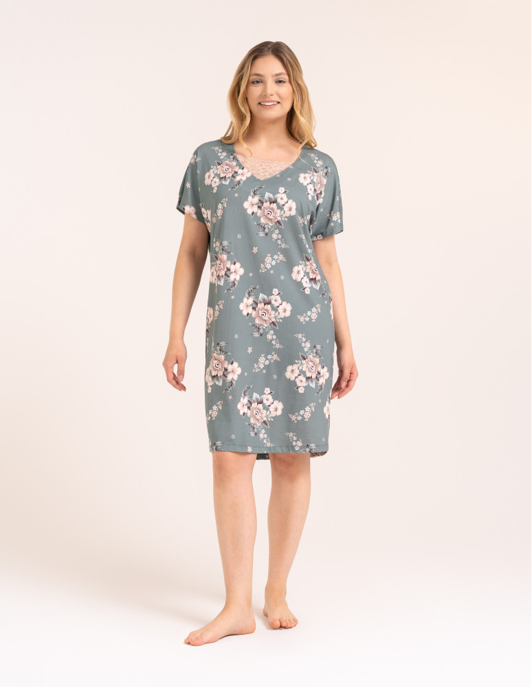 Koszule nocne z krótkim rękawem - Wygodna koszula nocna damska bawełniana w kwiaty elegancka na prezent ZIELONY  - produkt moraj.pl 3