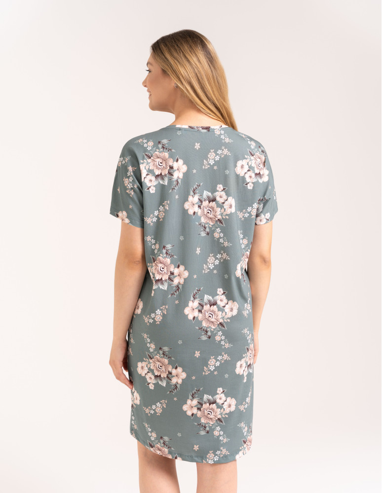 Koszule nocne z krótkim rękawem - Wygodna koszula nocna damska bawełniana w kwiaty elegancka na prezent ZIELONY  - produkt moraj.pl 5