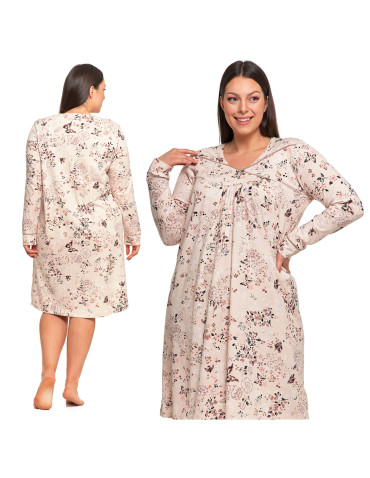 Koszule nocne - Koszula nocna damska bawełna długi rękaw w kwiaty z marszczeniem Plus Size BEŻOWY - produkt 3