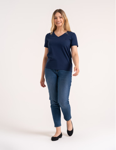 Koszulki i T-shirty - Koszulka damska bawełna Premium T-shirt dekolt w serek GRANATOWY - produkt 5