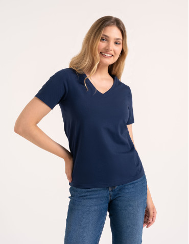 Koszulki i T-shirty - Koszulka damska bawełna Premium T-shirt dekolt w serek GRANATOWY - produkt 9