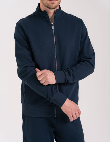 Bluzy dresowe - Męska bluza casual 100% bawełniana ze stójką zapinana na zamek GRANATOWY - produkt 4
