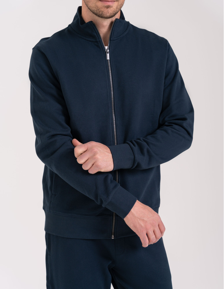 Bluzy dresowe - Męska bluza casual 100% bawełniana ze stójką zapinana na zamek GRANATOWY - produkt moraj.pl 4