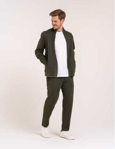 Bluzy dresowe - Męska bluza casual 100% bawełniana ze stójką zapinana na zamek KHAKI - produkt 7