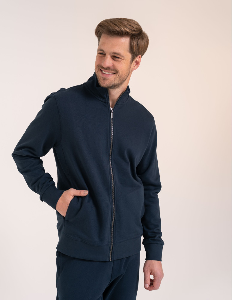 Bluzy dresowe - Męska bluza casual 100% bawełniana ze stójką zapinana na zamek GRANATOWY - produkt moraj.pl 3