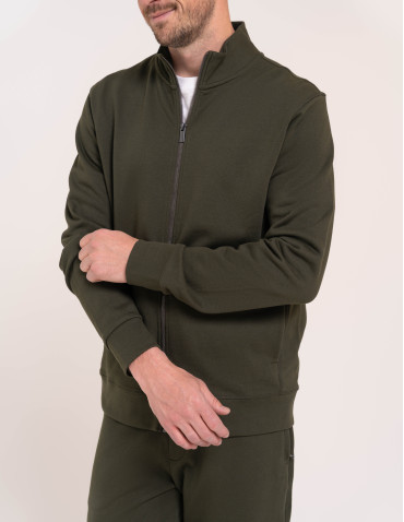 Bluzy dresowe - Męska bluza casual 100% bawełniana ze stójką zapinana na zamek KHAKI - produkt 3