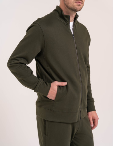 Bluzy dresowe - Męska bluza casual 100% bawełniana ze stójką zapinana na zamek KHAKI - produkt 6