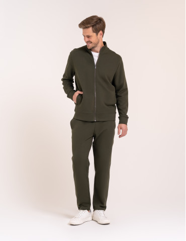 Bluzy dresowe - Męska bluza casual 100% bawełniana ze stójką zapinana na zamek KHAKI - produkt 4
