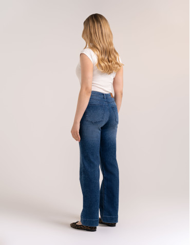 Jeansy - Jeansy damskie z miękkiego gładkiego denimu szeroki mankiet CIEMNY NIEBIESKI - produkt 10